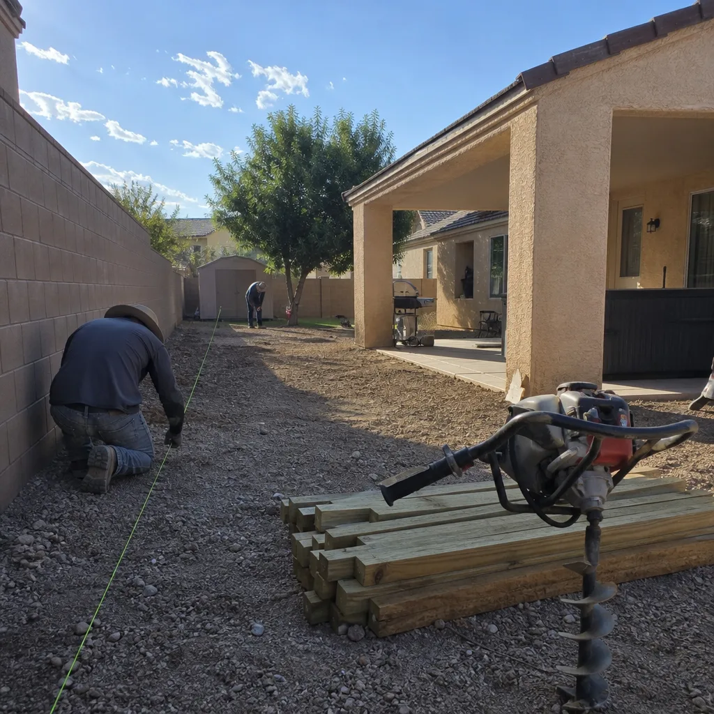 Workers using a string line and auger for residential fence installation