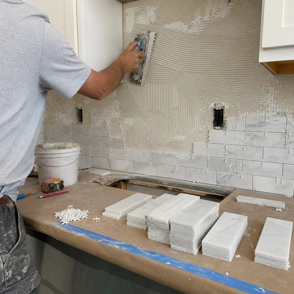 Worker applying mortar to a wall during a kitchen backsplash installation