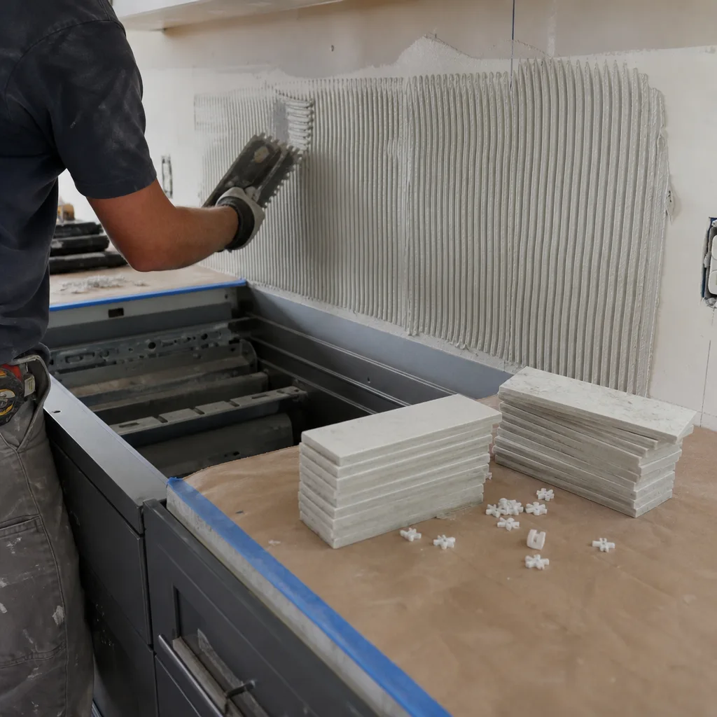 Professional contractor applying mortar to a kitchen backsplash for tile installation.